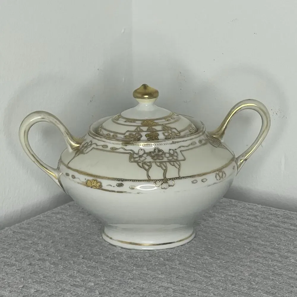 Antique 1910’s Maruki Nippon Hand-Painted With Raised Gold Sugar Bowl, Japan